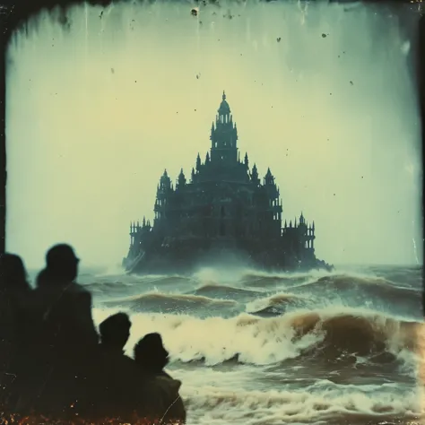 eerie horror, 35mm vintage, realistic old photo, photo-realistic, advanced 3d perspective, grainy, vimana flying castle temple o...