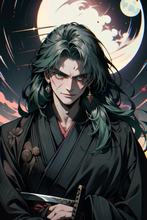 ((super detailed, masterpiece, absurd)), one man, long hair, dark green hair, (((black kimono))), dandy samurai, (((face up))), ...