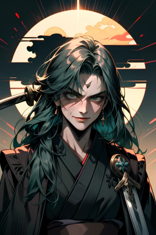 ((Super detailed, masterpiece, Absurd)), One Man, Long Hair, Dark green hair, (((Black kimono))), Dandy Samurai, (((Face Up))), (((front))), Blue Moonlight, Adventurous look, Fearless smile, (Glare up at the camera), (((Japanese sword))), (((Dark Shadows))), (((Old scar on cheek))), (((Sunburned skin)))