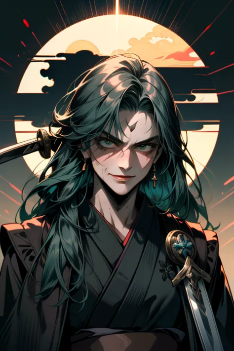 ((super detailed, masterpiece, absurd)), one man, long hair, dark green hair, (((black kimono))), dandy samurai, (((face up))), ...