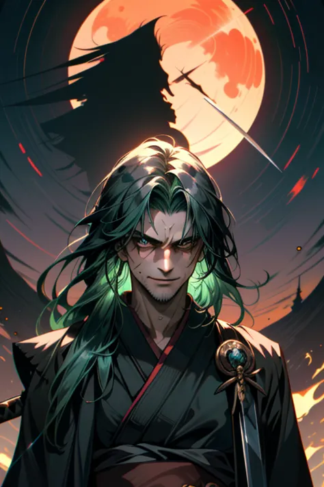 ((super detailed, masterpiece, absurd)), one man, long hair, dark green hair, (((black kimono))), dandy samurai, (((face up))), ...