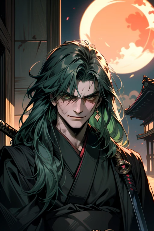 ((Super detailed, masterpiece, Absurd)), One Man, Long Hair, Dark green hair, (((Black kimono))), Dandy Samurai, (((Face Up))), (((front))), moonlight, Adventurous look, Fearless smile, (Glare up at the camera), (((Japanese sword))), (((Dark Shadows))), (((Old scar on cheek))), (((Sunburned skin))), Narrow, sharp eyes, Strong bones