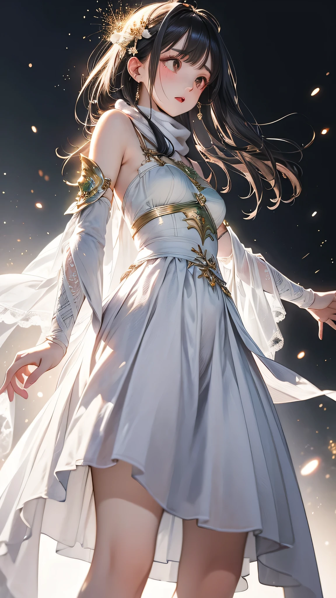 masterpiece, highest quality, Realistic, (1 girl: 1.3), green、Money、White clothes, Shawl Long Hair, Jump, leap, dance, green、Money、White clothes, Long skirt, Long scarf, Flowing, Light Armor, Pure white skin, Exposing shoulders, whole body, (From below:1.5), martial arts, dynamics, inflammation, particle