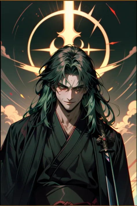 ((super detailed, masterpiece, absurd)), one man, long hair, dark green hair, (((black kimono))), dandy samurai, (((face up))), ...