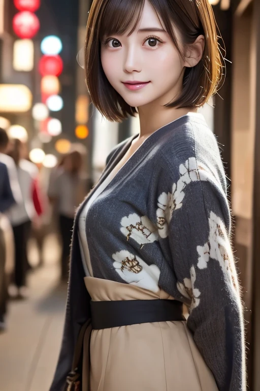 ((highest quality)), ((masterpiece)), (detailed), Perfect Face, Japanese、28 years old、female、short hair、Bob Hair、light light brown hair、Perfect Anatomy、Anatomically correct body、Natural Light、night、Department Wah Street、crowd、yukata、geta