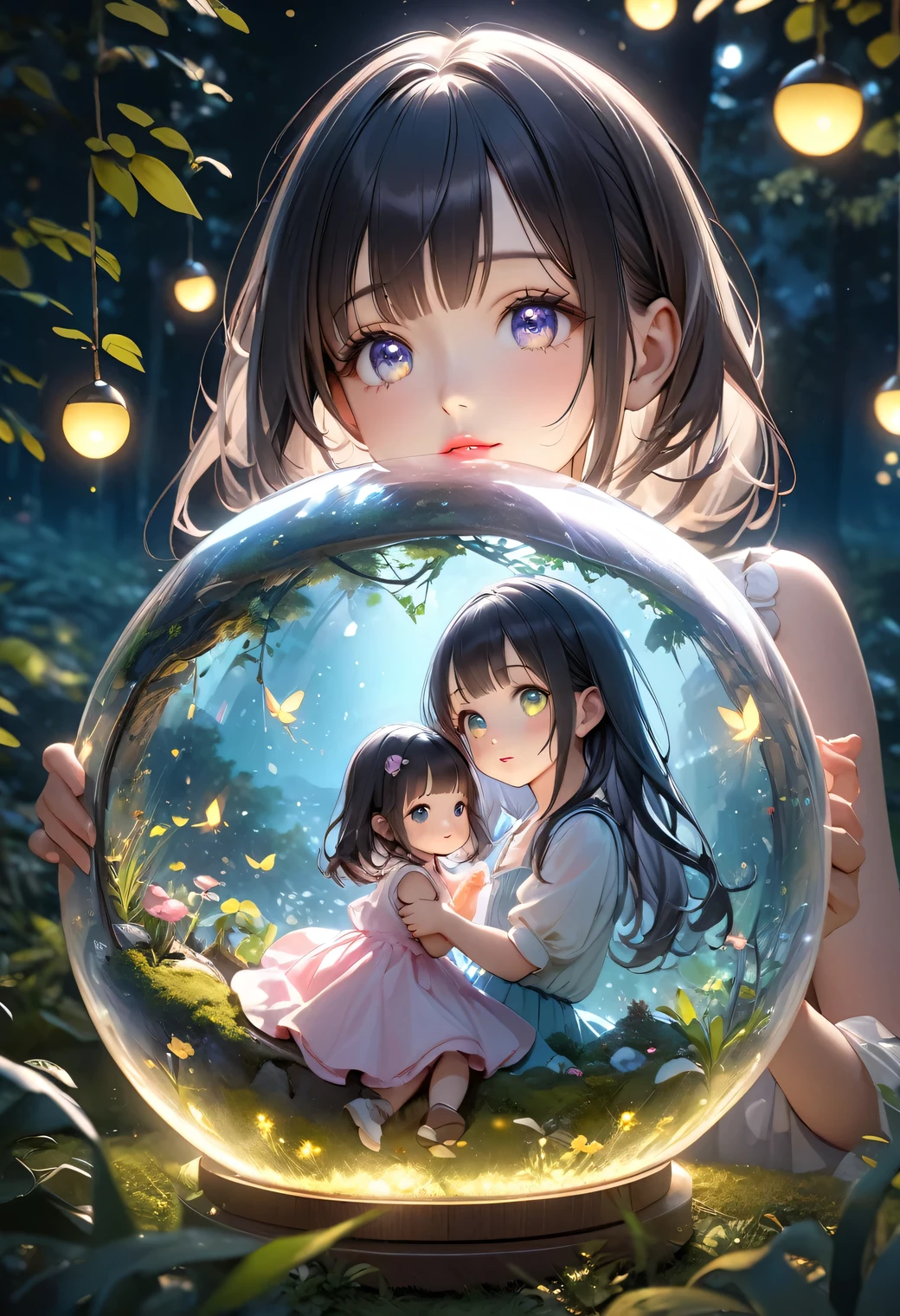 masterpiece:1.2, highres, highest quality, beautiful detailed, ultra-realistic, photorealistic:1.37, (double exposure cute girl in the spherical terrarium:1.5), (layered cute girl holding cute girl in the spherical terrarium):1.2, crescent moon, meadow lake scenery with fireflies flying around, beautiful delicate(hair, eyes, pupils, lips, firefly)