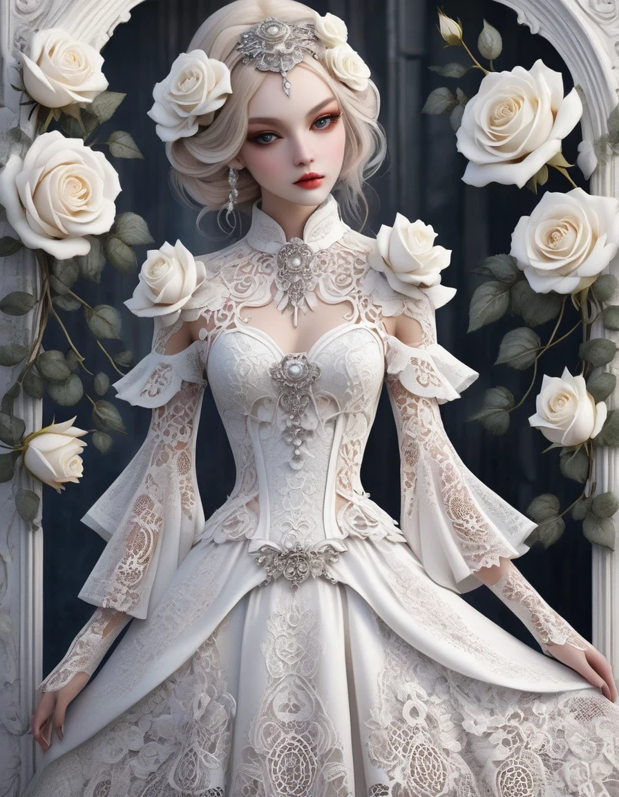 in style of cutout artwork, White rose，Gothic style white lace clothing design，beautiful detailed