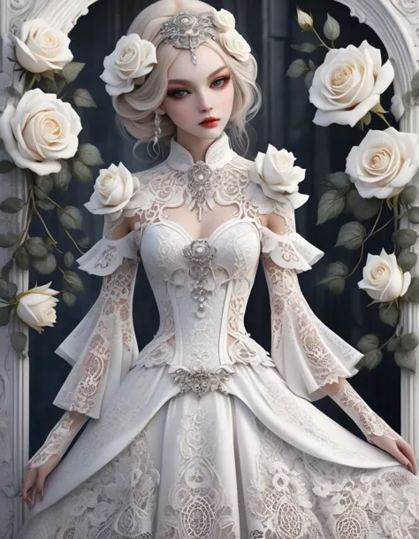 in style of cutout artwork, white rose，gothic style white lace clothing design，beautiful detailed