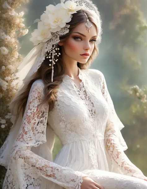 in style of Boho fashion design, White Lace/White lace, beautiful detailed