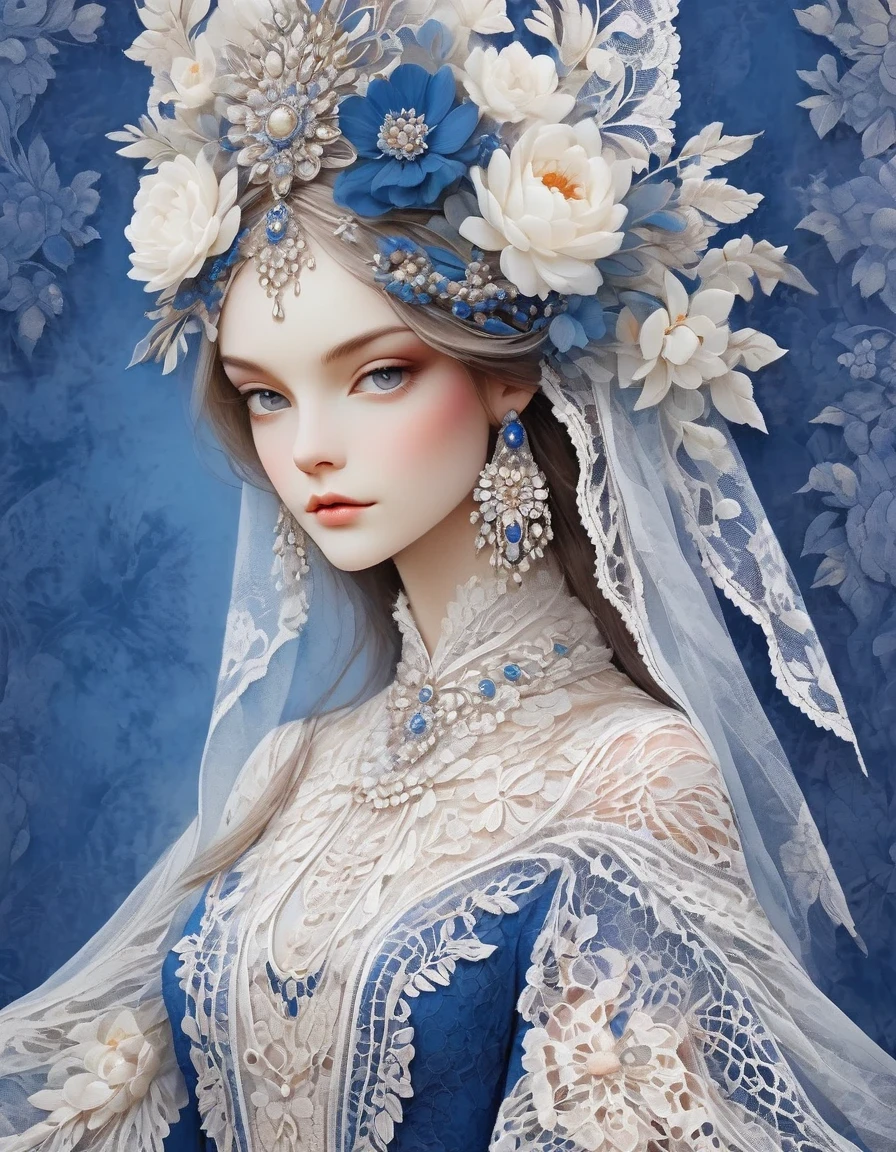 波西米亚风格的时装设计, 白色蕾絲/白色蕾絲，宝蓝色背景, 美麗詳細