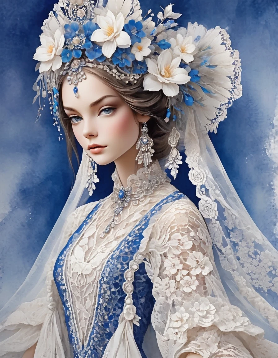 Boho 패션 디자인 스타일로, 흰색 레이스/흰색 레이스，로얄 블루 배경, 아름다운 상세한