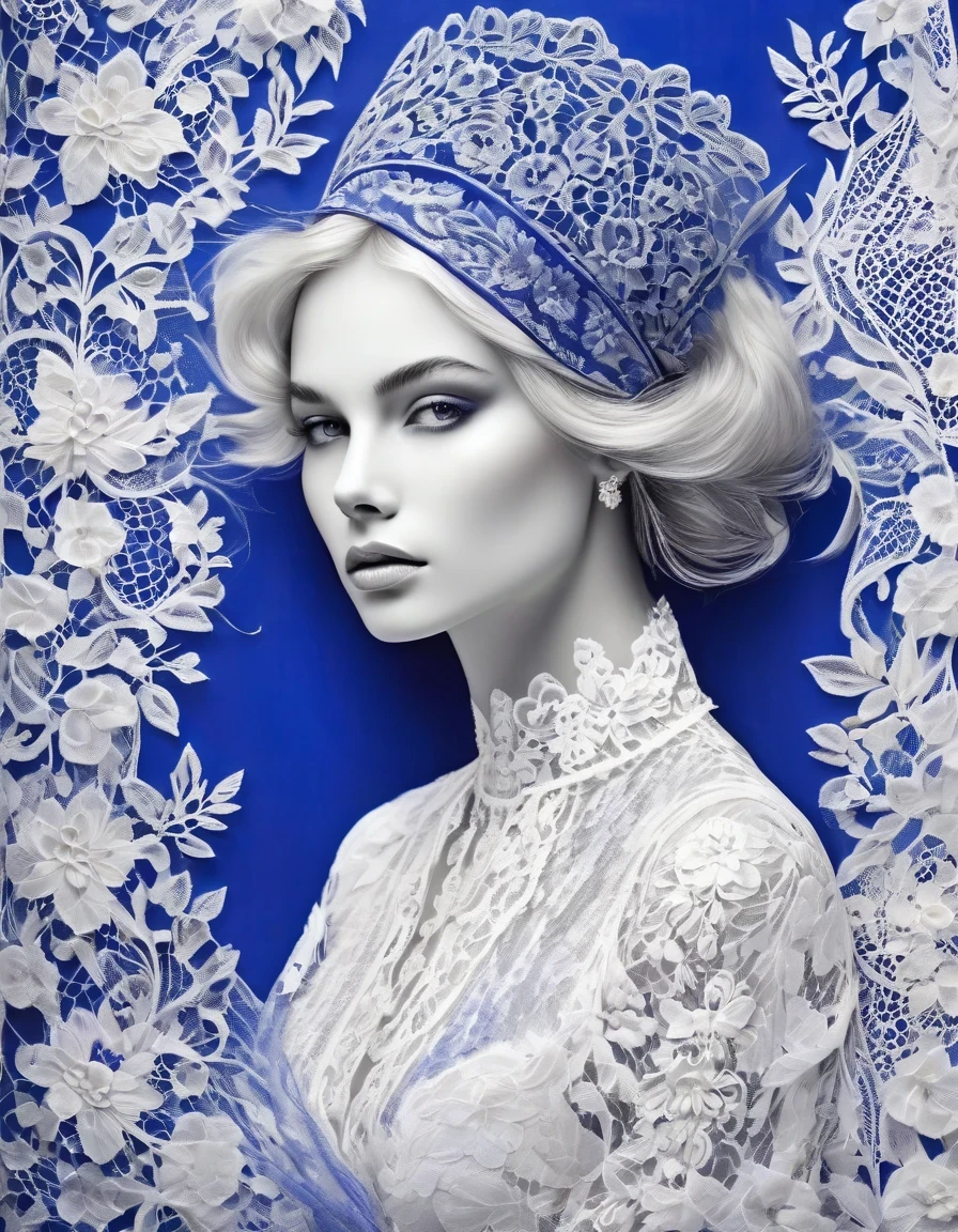 Boho 패션 디자인 스타일로, 흰색 레이스/흰색 레이스，로얄 블루 배경, 아름다운 상세한