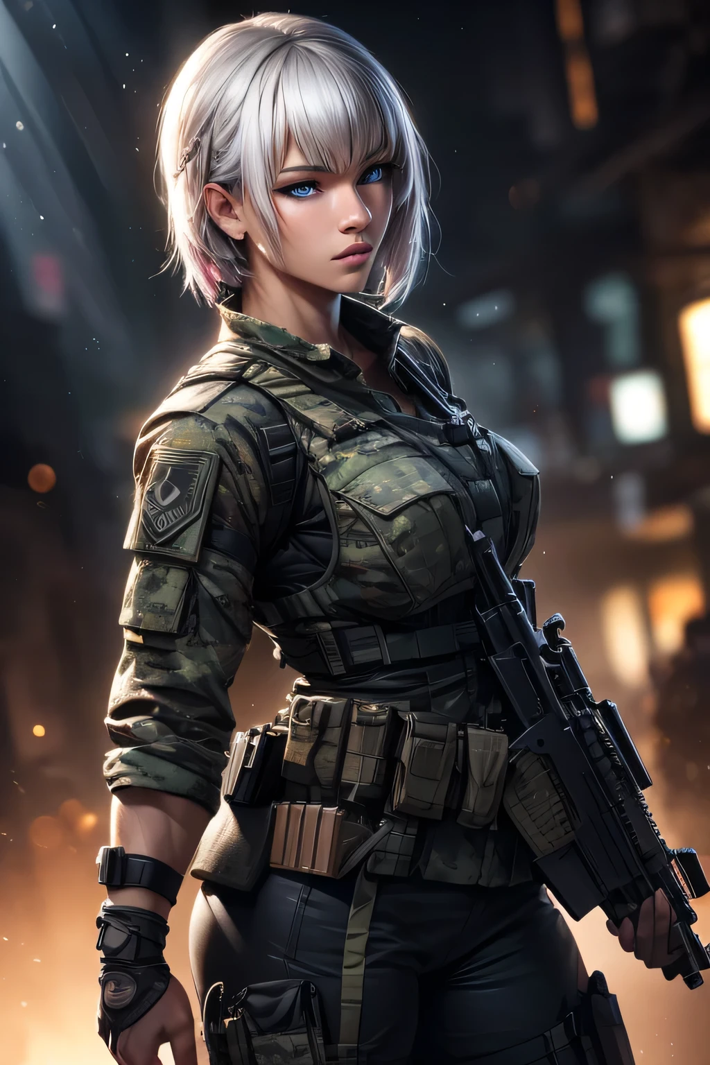 beautiful asian woman, 1girl, military uniform, call of duty, holding customized pink m4 rifle, tall muscular body, defined muscles, amazon warrior, piercings, short white hair with bangs, bright blue eyes, detailed face, beautiful detailed eyes, beautiful detailed lips, extremely detailed eyes and face, long eyelashes, (best quality,4k,8k,highres,masterpiece:1.2),ultra-detailed,(realistic,photorealistic,photo-realistic:1.37),HDR,UHD,studio lighting,ultra-fine painting,sharp focus,physically-based rendering,extreme detail description,professional,vivid colors,bokeh,concept art, (tgirl)