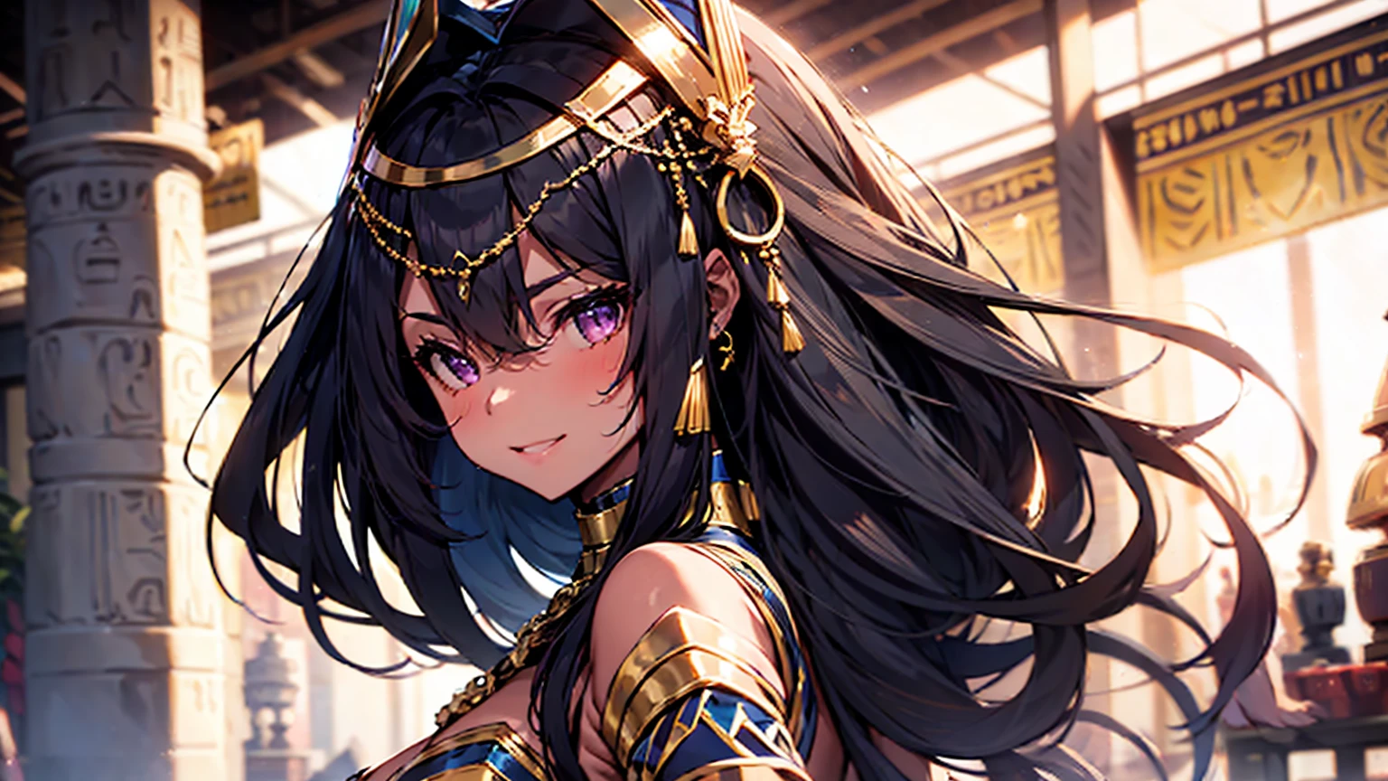 A girl black egyptian dancer&#39;s clothing black skin purple eyes blushing smile standing alone on the stage, Super big breasts, breast enlargement, full-body shot, looking at the camera