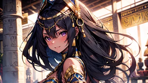 a girl black egyptian dancer&#39;s clothing black skin purple eyes blushing smile standing alone on the stage, super big breasts...