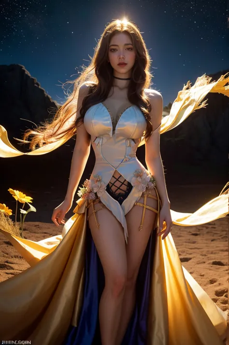 (beautiful female sand goddess adorned in the movies, golden dress, shiny gold tattoos), (galactic shaman with quantum energy fa...