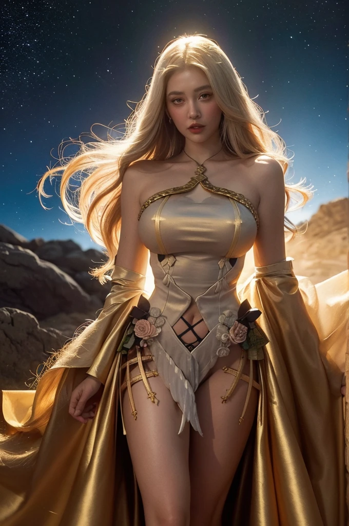 (Beautiful female sand goddess adorned in the movies, Golden Dress, Shiny gold tattoos), (Galactic Shaman with Quantum Energy Fantasy), Fantasy Magic, Long Hairstyles, Dark and clear night, Complex, Mysterious, Sharp focus, figure, Very detailed, Digital Painting, Conceptual Art, with, (An illustration：Wlop), (Par Justin Gerard et Jason Edmiston: 1.5), (Per Greg Rutkowski: 0.4), (by Alphonse Mucha: 0.4), masterpiece