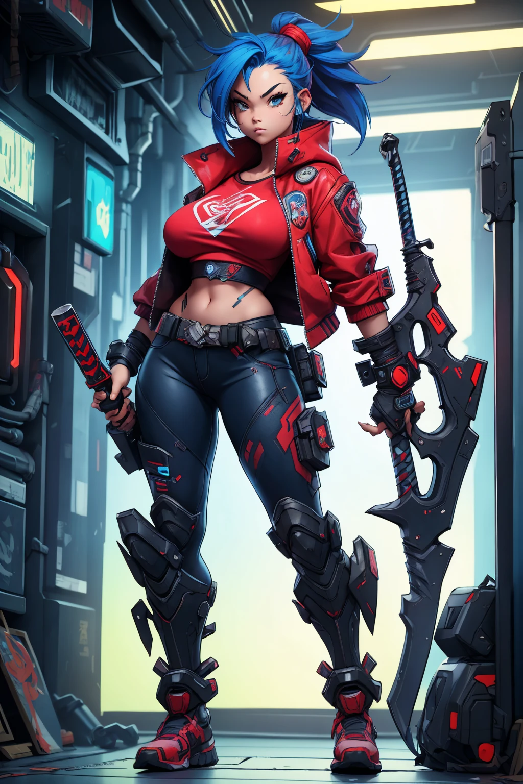 una niña con un puño de poder en la mano derecha sosteniendo una espada cyberpunk en su mano derecha cabeza de punk azul rojo pechos grandes chaqueta de camisa cyberpunk Parado solo en un rincón de la ciudad de ciencia ficción Concepción de rol de estilo anime japonés
