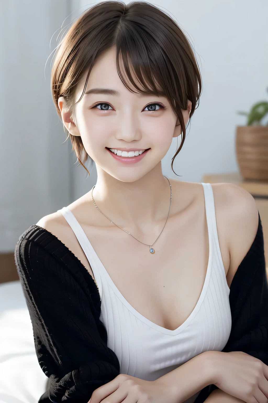 205 ((short hair)), 20-year-old female, In underwear、cardigan、Open your mouth、smile、Beautiful teeth alignment、Black Hair、ear piercing、Necklace around the neck、Looking into the camera, Waiting for the start