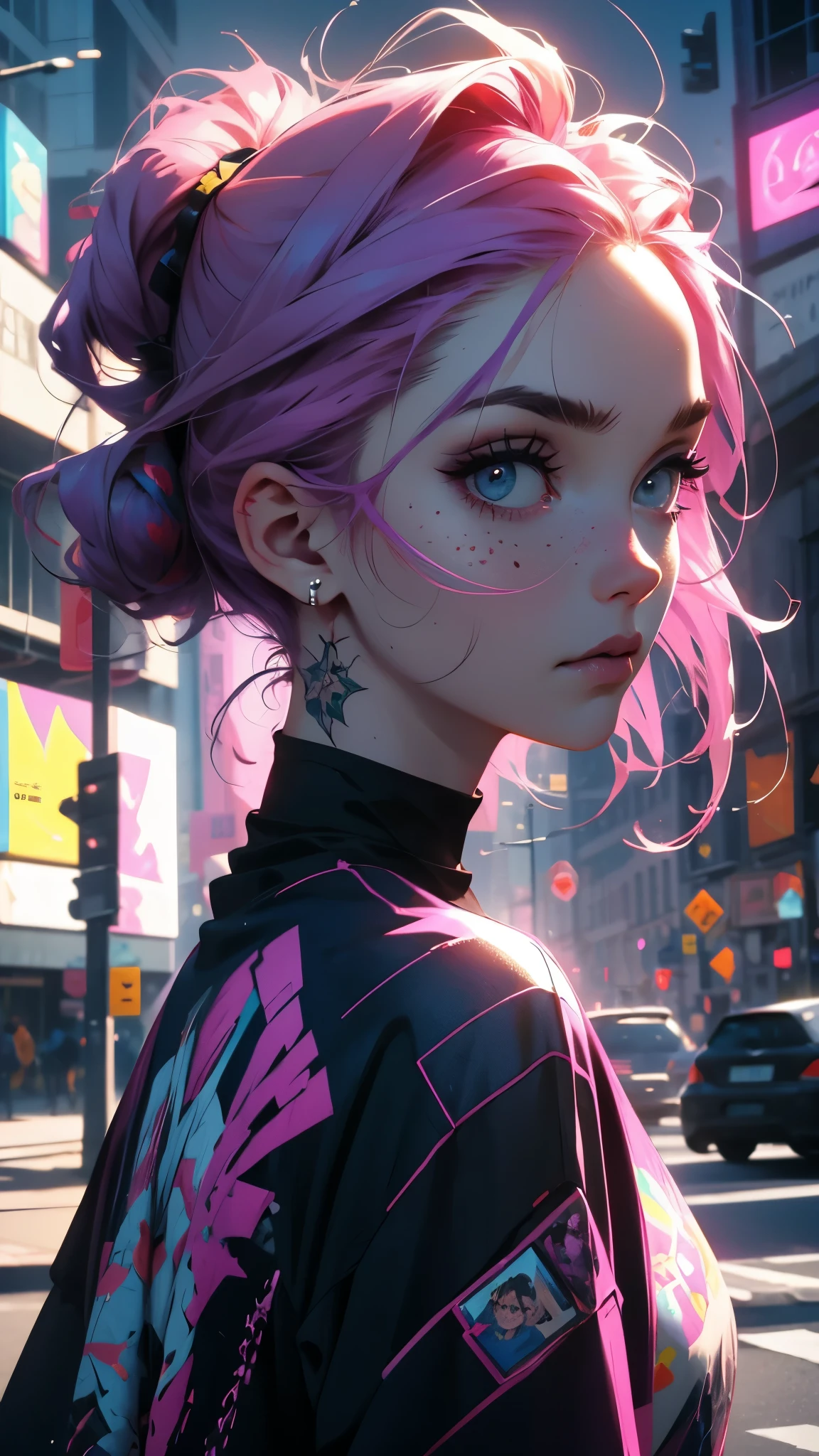 A girl with purple and pink hair, casual oversized t-shirt, spots on face, flower tattoo on hand, pale skin, street aesthetic, (best quality,4k,8k,highres,masterpiece:1.2),ultra-detailed,(realistic,photorealistic,photo-realistic:1.37),1girl,portrait,street fashion,urban environment, futuristic environment ,dramatic lighting,vibrant colors,intricate details,moody atmosphere