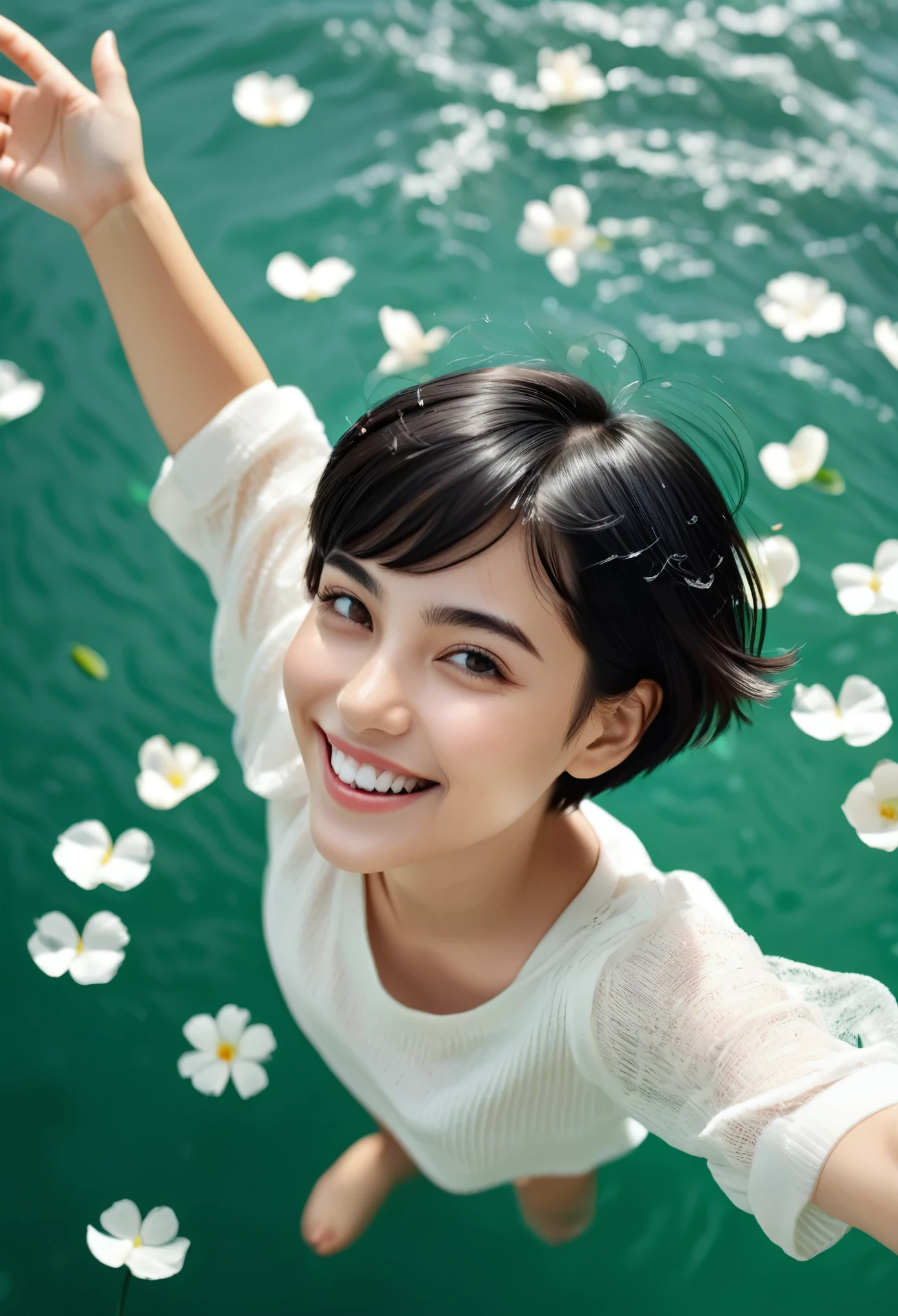 (best quality,4k,8k,highres,masterpiece:1.2),ultra-detailed,(Ultra-realistic, photorealistic,photo-realistic:1.37), Beautiful and delicate portrait of a playful cute girl with boyish short hair, Black Hair, Emerald Green Sea, Mischievous Smile, Dancing Petals, Floating petals in the background, Symmetrical face