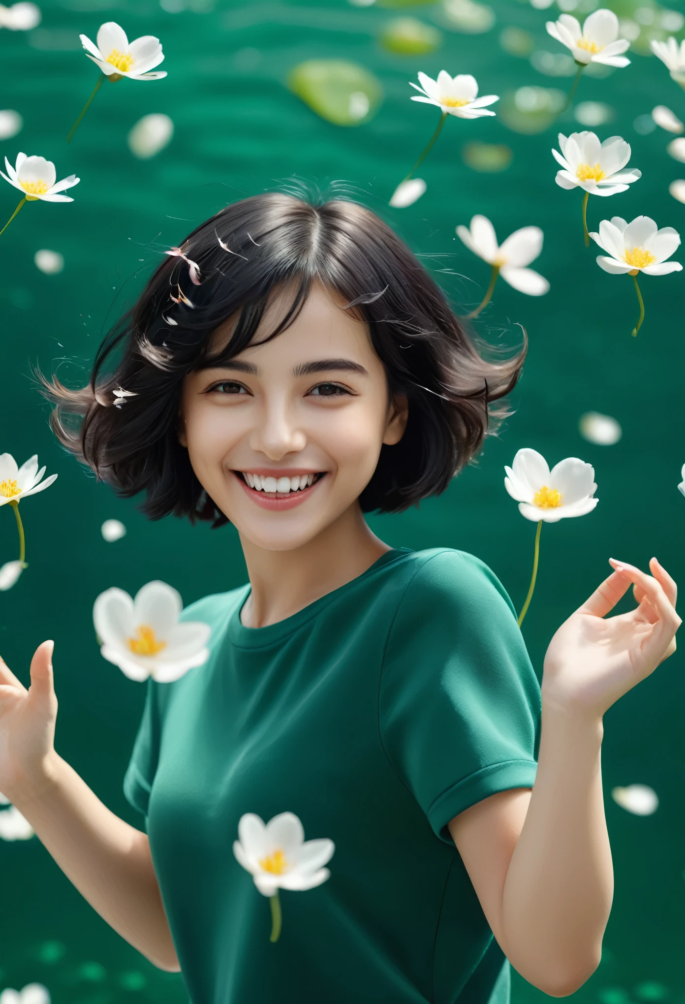 (best quality,4k,8k,highres,masterpiece:1.2),ultra-detailed,(Ultra-realistic, photorealistic,photo-realistic:1.37), Beautiful and delicate portrait of a playful cute girl with boyish short hair, Black Hair, Emerald Green Sea, Mischievous Smile, Dancing Petals, Floating petals in the background, Symmetrical face