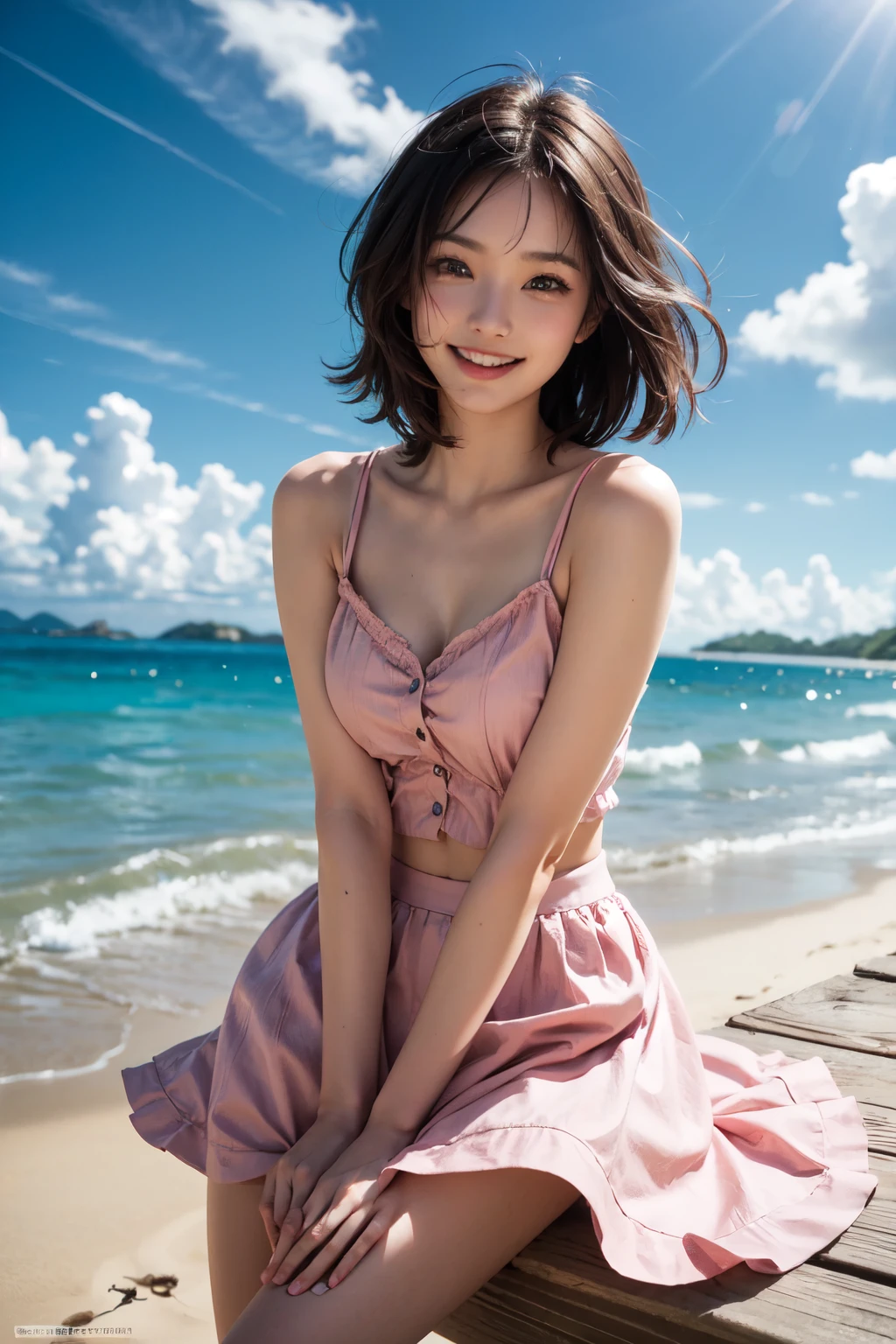 very cute and beautiful girl,(highly detailed beautiful face),pink camisole,cute ruffle petticoat,
(smile:1.25),happy,looking at viewer,black hair,cowboy shot,detailed legs,beach,tropical resort,
(best quality,masterpiece),absurdres,highres,ultra-detailed,extremely detailed,32k,8k resolution,
intricate details,cinematic scene,detailed background,solo,dynamic angle,
natural lighting,hair fluttering in the wind,beautiful detailed sky,