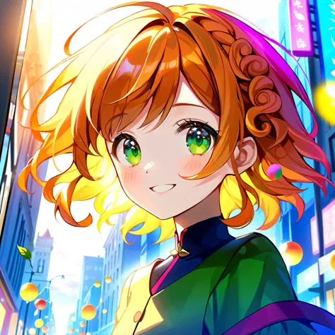 epic (masterpiece portrait:1.2) A woman in Montreal at dawn with cute orange curly hair, a warm smile, vibrant green eyes, and d...