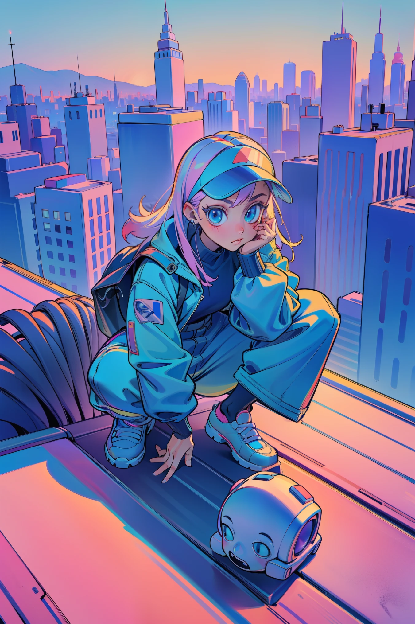 (Masterpiece:1.2), (best quality:1.2), (ultra high resolution:1.2), NeonLaser, A cyberpunk heroine wearing a leather jacket and neon visor squats on a rooftop, holding a high-tech bow, silhouetted against the backdrop of a sprawling city. The character is crouching on a rooftop in the foreground, with the city skyline in the background, 