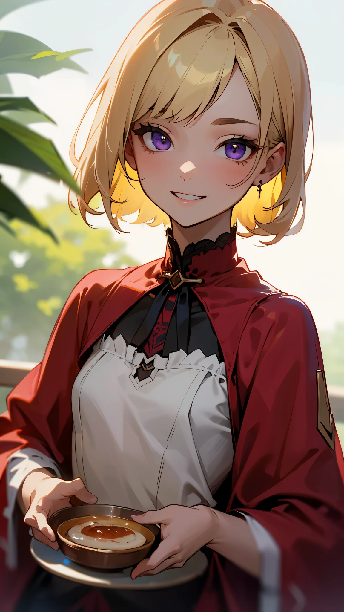 1 Girl、8k、Sharp focus、(Bokeh) (highest quality) (Detailed skin:1.3) (Intricate details) (anime)、Upper body close-up、From the side、Natural Proportions、thin、Small breasts、Grin、White skin、(blonde)、Bobcut、Beautiful purple eyes、Red jacket、(Long sleeve blouse)、Frilled blouse、Upper body close-up、Morning Cafe Terrace、Background Blur, Written boundary depth