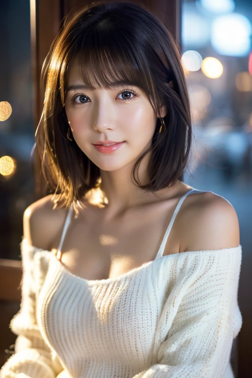 8k、highest quality、masterpiece、超A high resolution、Beautiful Japanese Woman、30 years old、looking at the camera、Transparent atmosphere、Sexy lips、With red cheeks、Face tilted at an angle, looking straight ahead、Fair and beautiful face、Black Hair、short hair、bangs、A serious expression、Moist eyes、Strong eye power、Natural soft light、Winter clothes、Ample breasts、night、Outdoor、