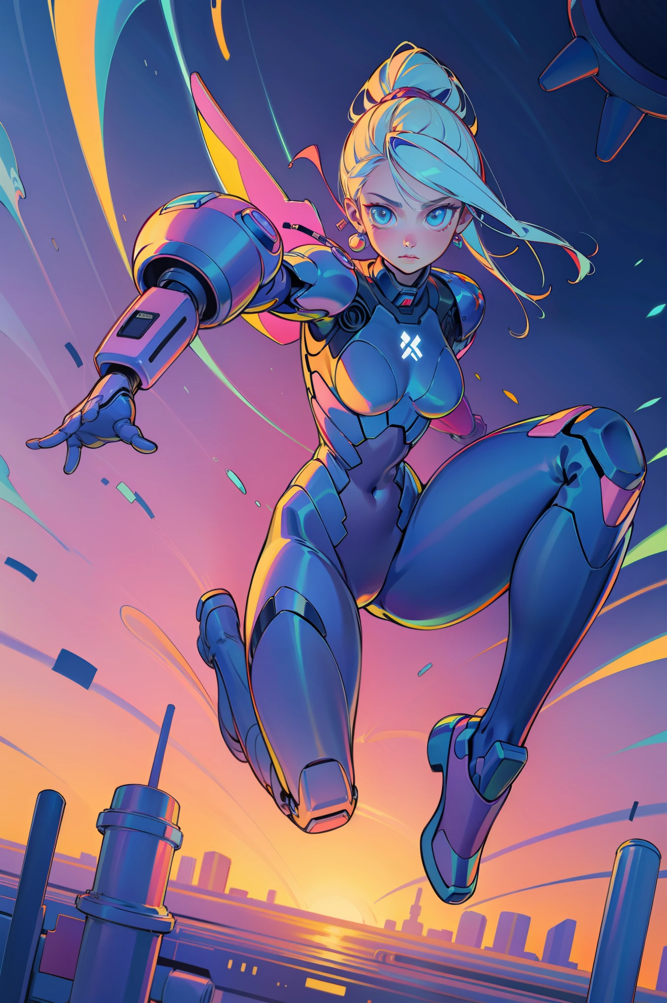 (Masterpiece:1.2), (best quality:1.2), (ultra high resolution:1.2), NeonLaser, A female cybernetic warrior with glowing eyes, wearing an armored exo-suit, leaping through the neon-lit cityscape , 