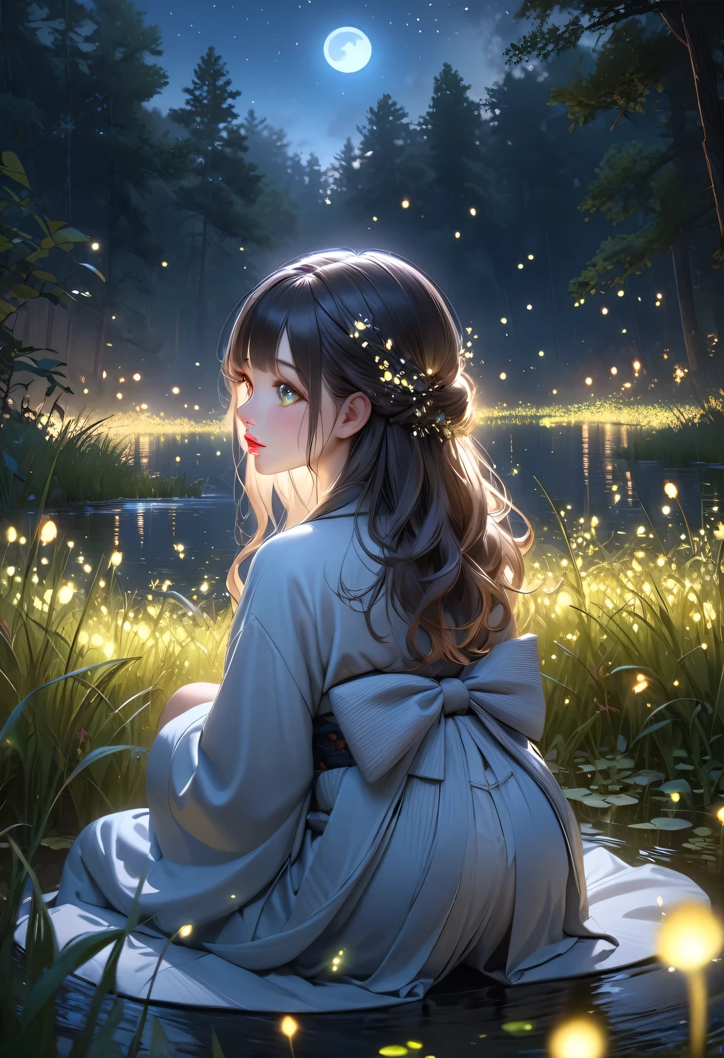 masterpiece:1.2, highres, highest quality, beautiful detailed, ultra-realistic, photorealistic:1.37, cute girl in the meadow lake, crescent moon, meadow lake scenery with fireflies flying around, fireflies, kimono, squatted down(wariza), beautiful delicate(hair, eyes, pupils, lips, firefly), back view