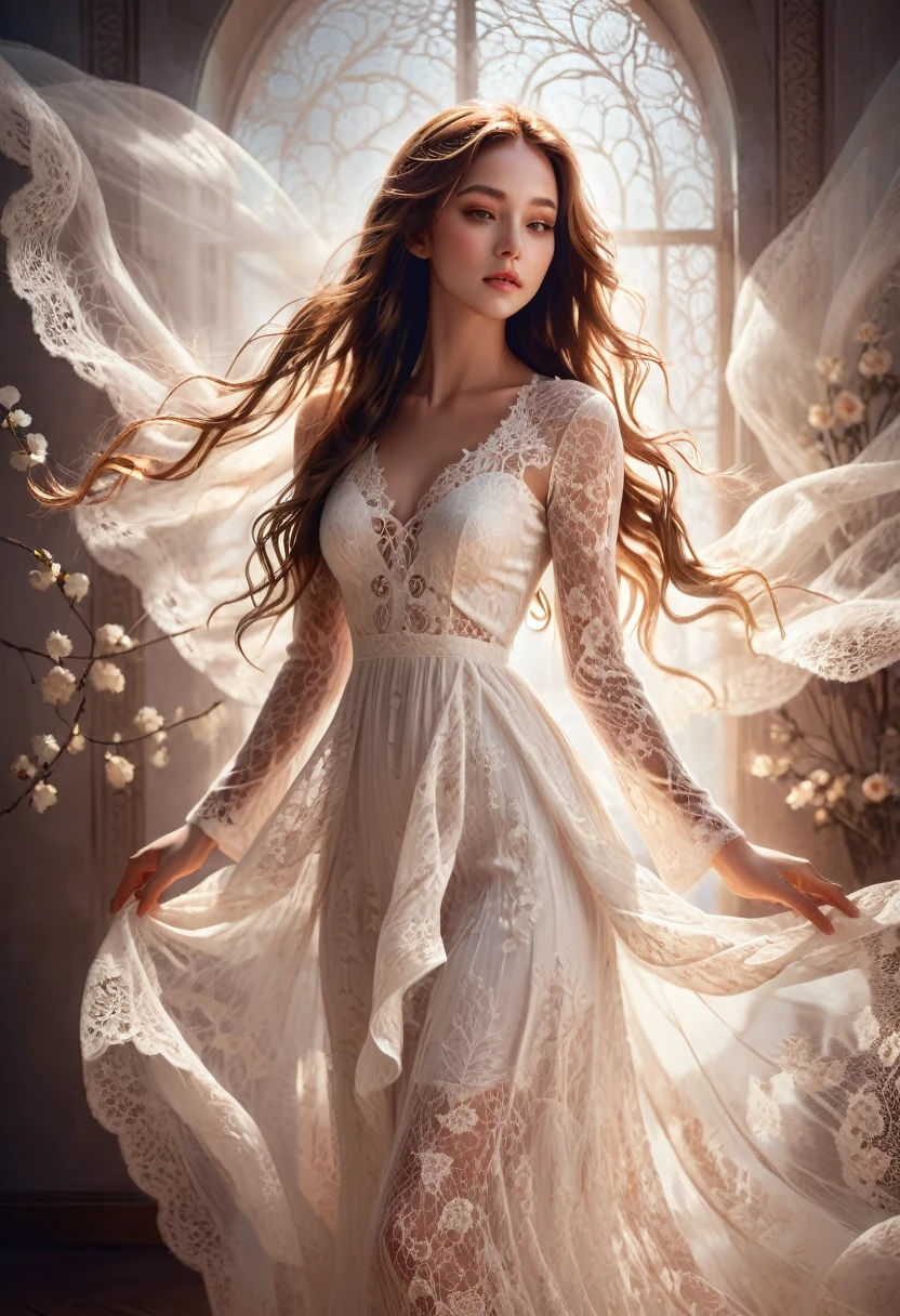 laço Branco, lindo vestido de renda branca, moça elegante, cabelo longo, iluminação suave, pose graciosa, flores detalhadas, padrões de renda intrincados, tecido transparente, pele brilhante, expressão serena, atmosfera etérea, Detalhes delicados, alta qualidade, arte digital, fotorrealista, iluminação cinematográfica, paleta de cores quentes, sombras dramáticas, Beleza estonteante