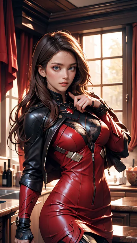 Highly detailed female photos, Lola Elizabeth, Scarlet Witch, the avengers, Wearing a black lace dress, Open red leather jacket,...
