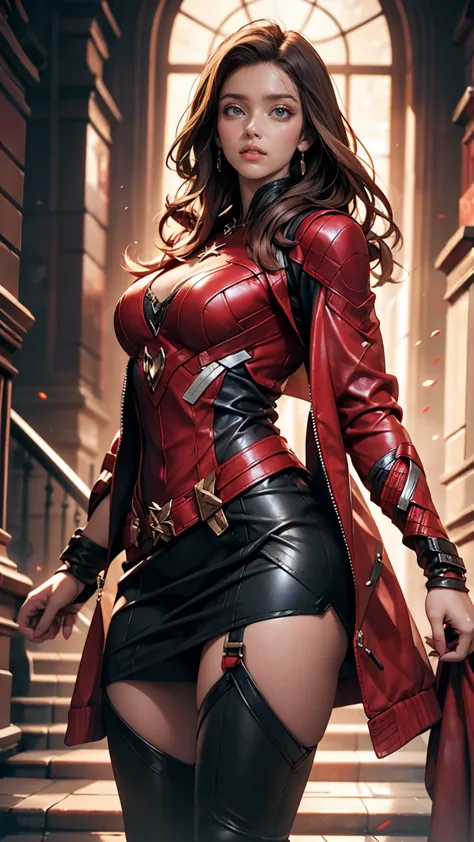 Highly detailed female photos, Lola Elizabeth, Scarlet Witch, the avengers, Wearing a black lace dress, Open red leather jacket,...