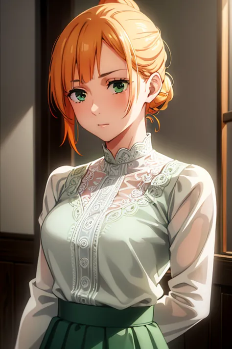 A beautiful young woman with orange hair tied in a bun, wearing a white lace blouse and a long green skirt, detailed anime-style...