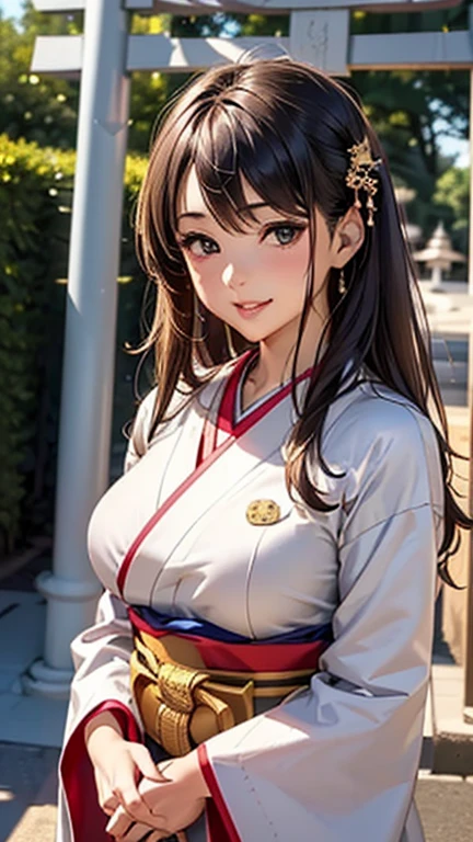 A girl is posing for a photo, cute女の子, Enchanting girl, Anime Girls, 
(((One Girl, Baby Face, cute, ))), 

Shrine Maiden&#39;s Clothing、(Blonde、Hair blowing in the wind、hair over one eye、ponytail), 
(black eye, Slanted Eyes), 
(smile), 
(noon、(Japanese Shrines、torii、Guardian Dog)), ((Dynamic pose、front、Cowboy Shot))
break 

(Symmetrical facial features, Perfect Face), (Beautiful breasts, (Ｃcup)), 

double eyelid, Long eyelashes, 
(Expression of fine eyes, Beautiful and delicate eyes, Sparkling eyes, Eye Reflexes), 
(Beautiful Nose,Thin Nose), 
(Glossy lips, Beautiful Lips, Thick lips), 
(Beautiful Hair, Shiny Hair, Shiny Hair)), 
break  

(((highest quality)), ((masterpiece)), (Very detailed), (High resolution), (Beautiful sparkle), (High detail), (Anatomically correct)), ((Realistic)), 
(The best CG), Highly detailed art, CG illustration, (16k, 1080p), Oil paints, ((Line art)),
