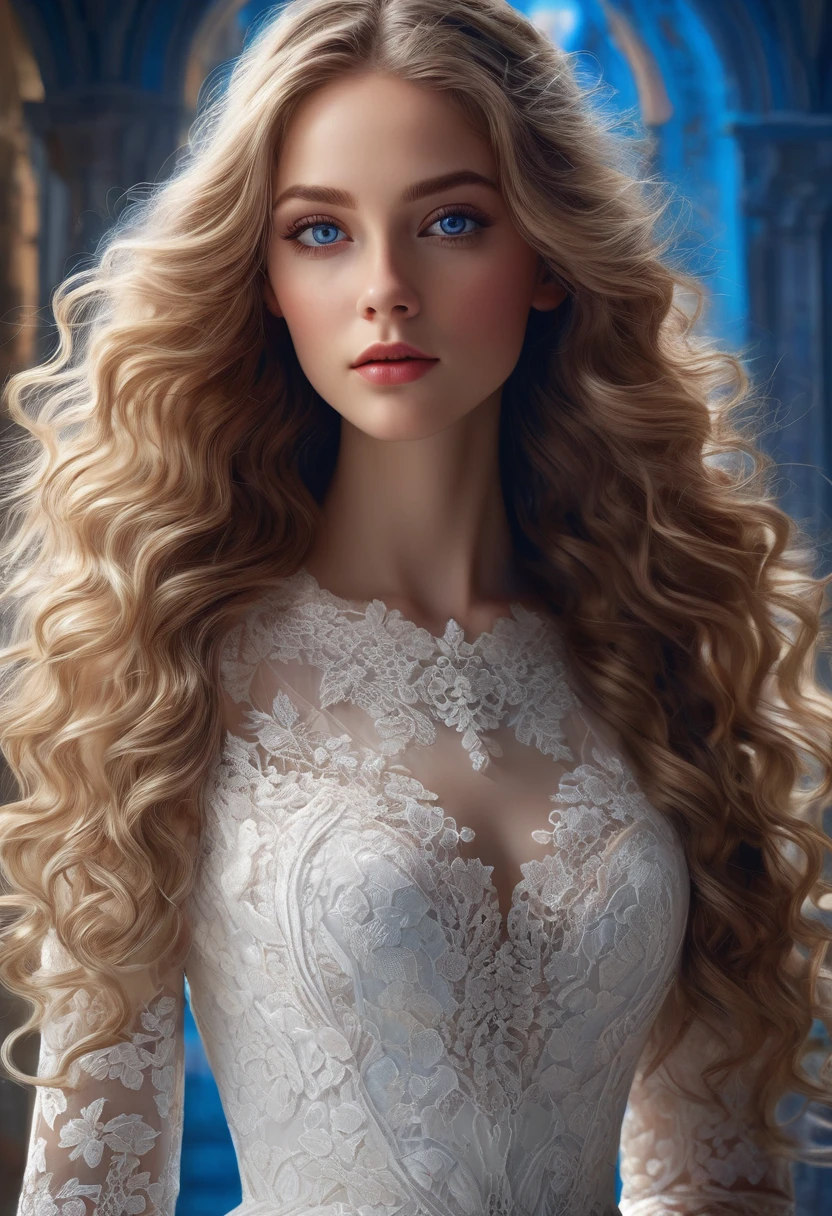 White Lace, Gorgeous highly detailed young lady with intricate white lace dress, beautiful long wavy hair, intricately detailed blues eyes, Seductive, Attractive, Elegant, Lumen Global Illumination, Scenic, Hyper-Realistic, Hyper-Detailed, 8k, Fliegenpilz,Artgerm, Wlop, by Greg Rutkowski