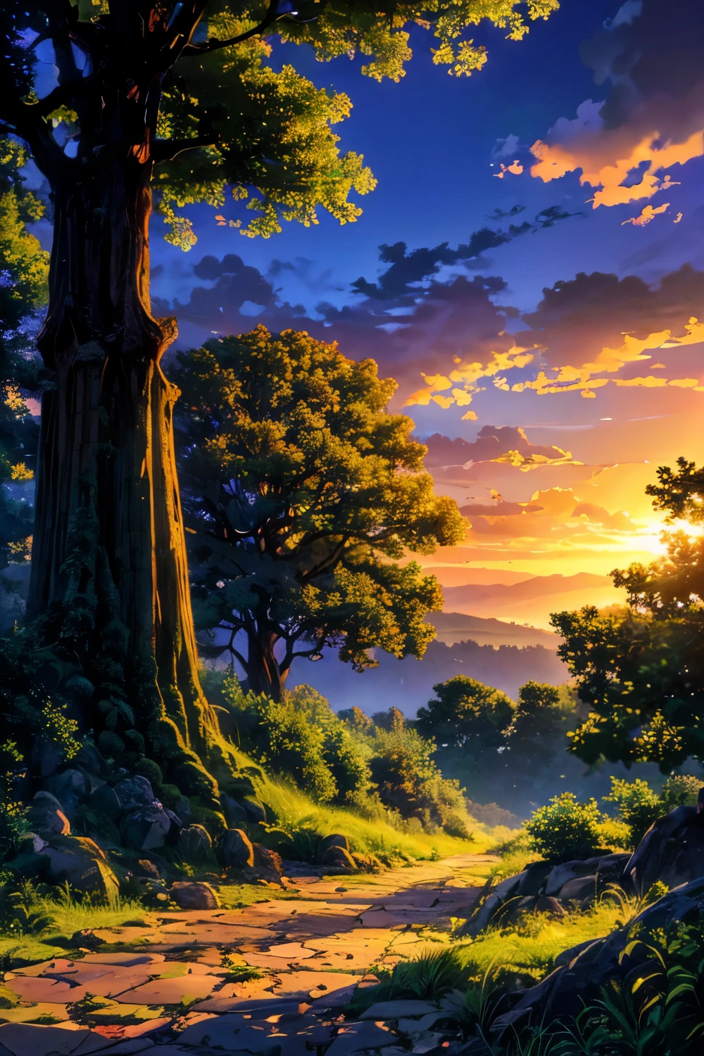 A majestic tree stands tall against a vibrant sunset sky, with light filtering through its dense branches and leaves. The ground below is dotted with grass and rocks, while the background sky is painted with a blend of orange, yellow, and blue hues, with scattered clouds illuminated by the setting sun.