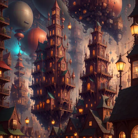 detailed steampunk cityscape, giant airships,clockwork machinery, cogs and gears, copper pipes,victorian architecture, old-fashi...