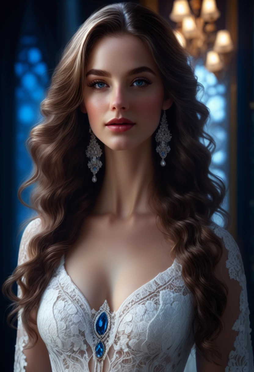 белое кружево, Великолепная высокодетализированная молодая леди в замысловатом белом кружевном платье., красивые длинные волнистые волосы, замысловато детализированные голубые глаза, соблазнительный, привлекательный, элегантный, люмен глобального освещения, живописный, гиперреалистичный, сверхдетализированный, 8К, мухомор,АртГерм, хлопать, Грег Рутковски