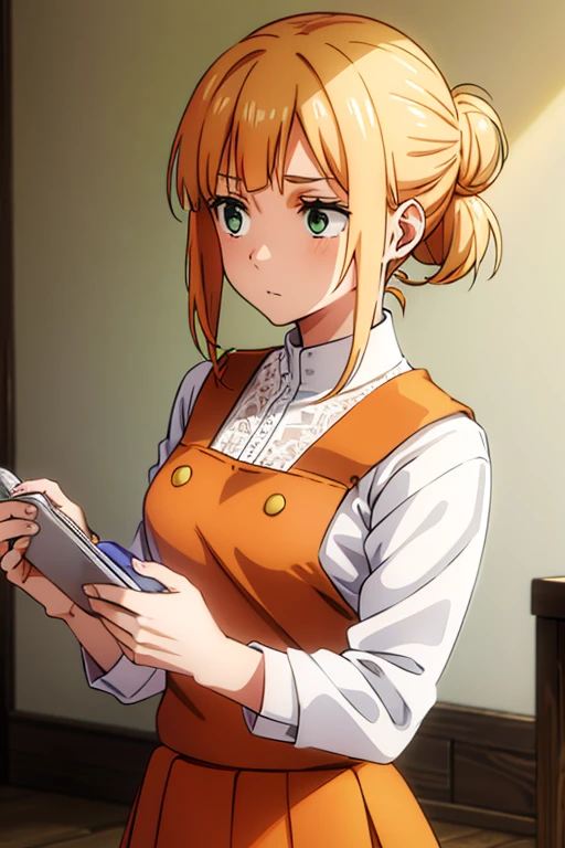 orange hair tied in a bun, white lace blouse, green eyes and long brown skirt, anime, detailed.