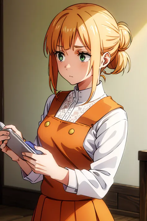 orange hair tied in a bun, white lace blouse, green eyes and long brown skirt, anime, detailed.