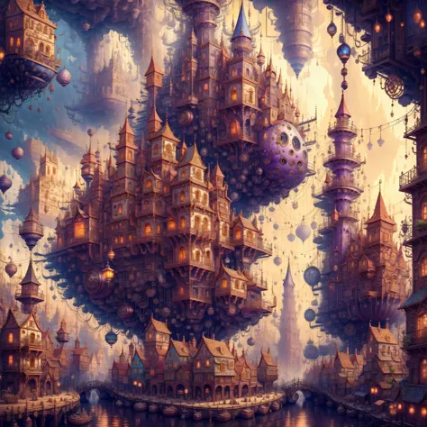 detailed steampunk cityscape, giant airships,clockwork machinery, cogs and gears, copper pipes,victorian architecture, old-fashi...