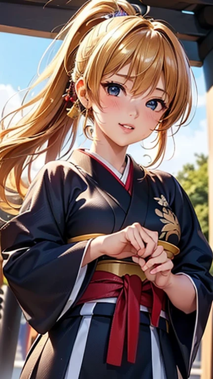 A girl is posing for a photo, cute女の子, Enchanting girl, Anime Girls, 
(((One Girl, Baby Face, cute, ))), 

Shrine Maiden&#39;s Clothing、
break 

(Beautiful Hair, Shiny Hair, Shiny Hair)), (Blonde、Hair blowing in the wind、hair over one eye、ponytail), 
(Expression of fine eyes, Beautiful and delicate eyes, Sparkling eyes, Eye Reflexes), (black eye, Slanted Eyes), 
double eyelid, Long eyelashes, 
(Beautiful Nose,Thin Nose), 
(Glossy lips, Beautiful Lips, Thick lips), 
(Symmetrical facial features, Perfect Face), (Beautiful breasts, (Ｃcup)),  
break  

(smile), 
(noon、(Japanese Shrines、torii、Guardian Dog)), ((Dynamic pose、front、Cowboy Shot))
break 

(((highest quality)), ((masterpiece)), (Very detailed), (High resolution), (Beautiful sparkle), (High detail), (Anatomically correct)), ((Realistic)), 
(The best CG), Highly detailed art, CG illustration, (16k, 1080p), Oil paints, ((Line art)),

