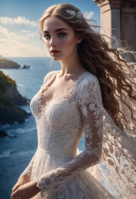 white lace, gorgeous highly detailed young lady with intricate white lace dress, beautiful long wavy hair, intricately detailed ...