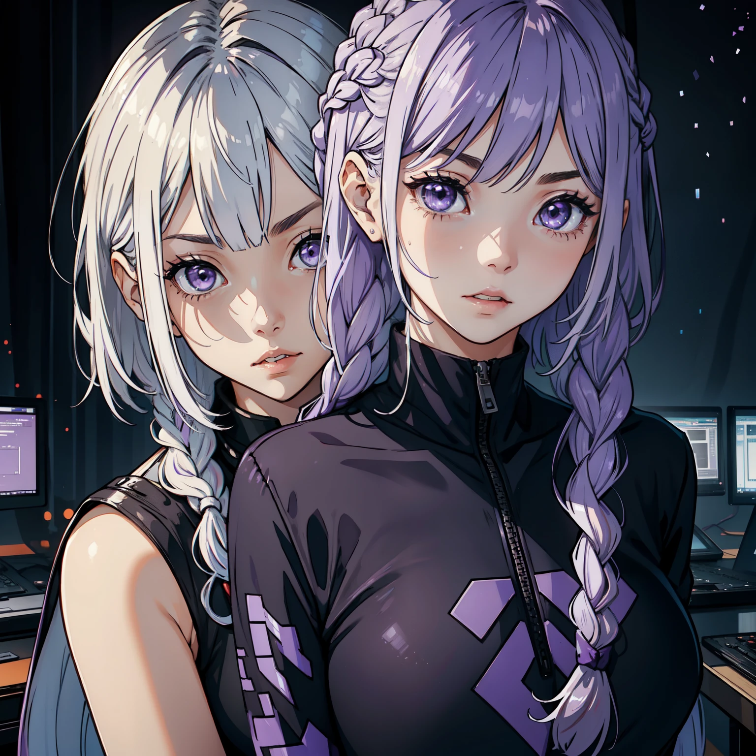 ((Two women:1.4))、((A female researcher with silver bob hair:1.4))、((Cryptic Girl:1.4、Purple white gradient twin long braided hair:1.4))、