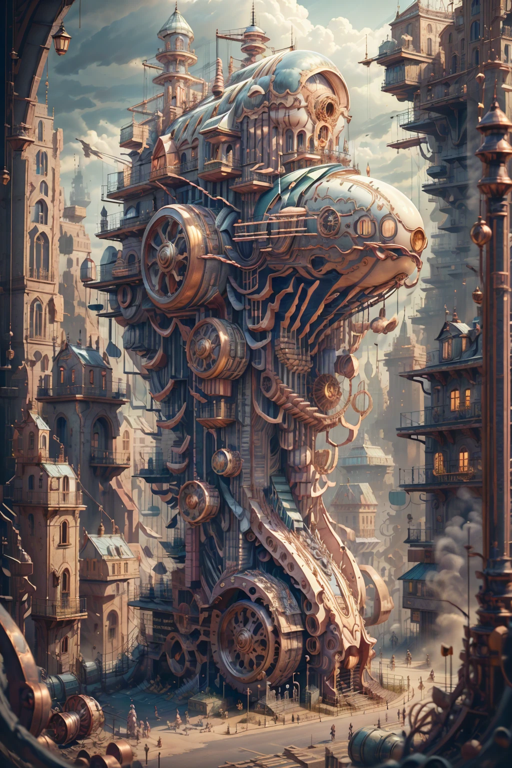 detailed steampunk cityscape, giant airships,clockwork machinery, cogs and gears, copper pipes,victorian architecture, old-fashioned street lamps,cobblestone streets,glowing neon lights,futuristic technology,industrial aesthetic,moody lighting,dramatic shadows,rich color palette,intricate details,cinematic composition,highly detailed,award winning digital painting,masterpiece,photorealistic,8k,HDR