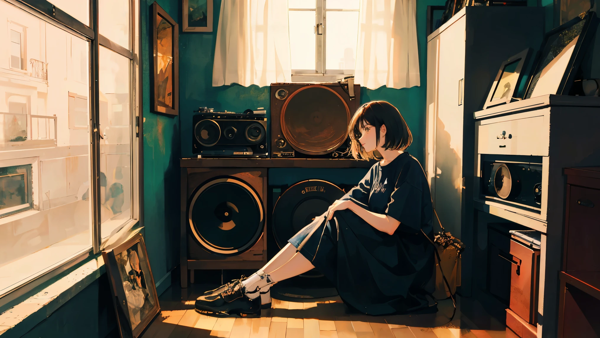 A masterpiece, top quality, featuring a woman sitting by the window of an old apartment enjoying LOFI music playing from a vintage record player. Featuring young women in casual, colorful clothing, the mood is nostalgic and dramatic.